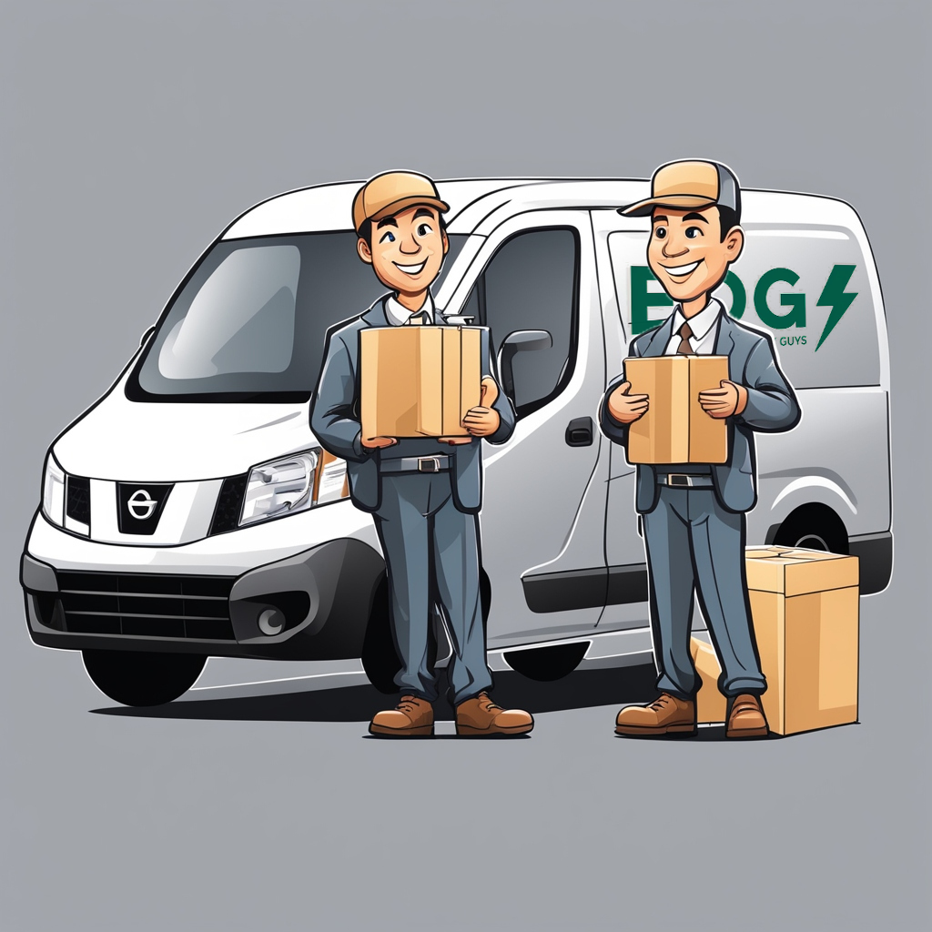 A cartoon representation of the Electric Delivery Guys and their silver electric van